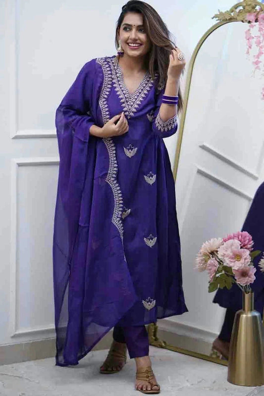 Blue Colour Chanderi Stitched Anarkali Suit SS1140744