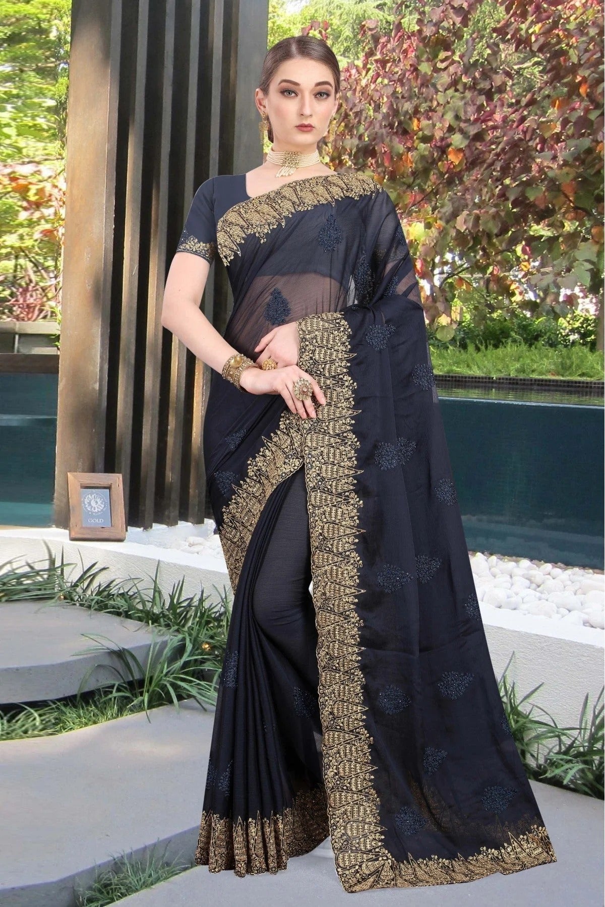 Blue Colour Chiffon Embroidery Saree SD1120766