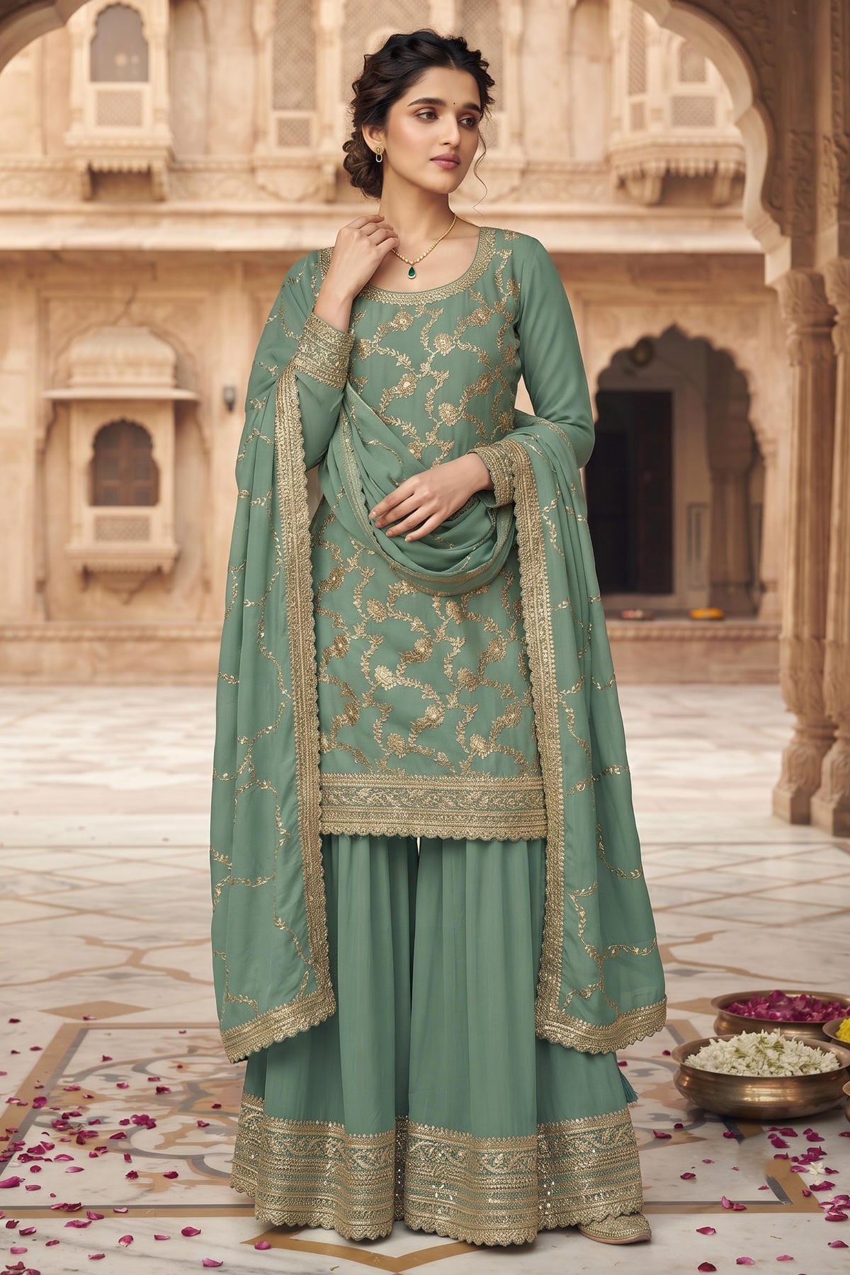 Blue Colour Chinon Embroidery Work Palazzo Pant Suit