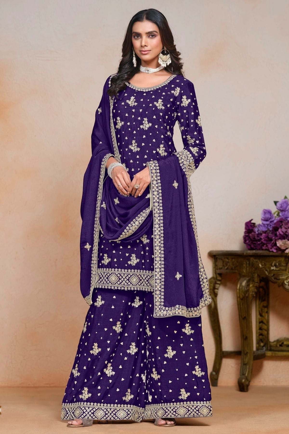 Blue Colour Chinon Semi Stitched Palazzo Pant Suit SM1050630 A