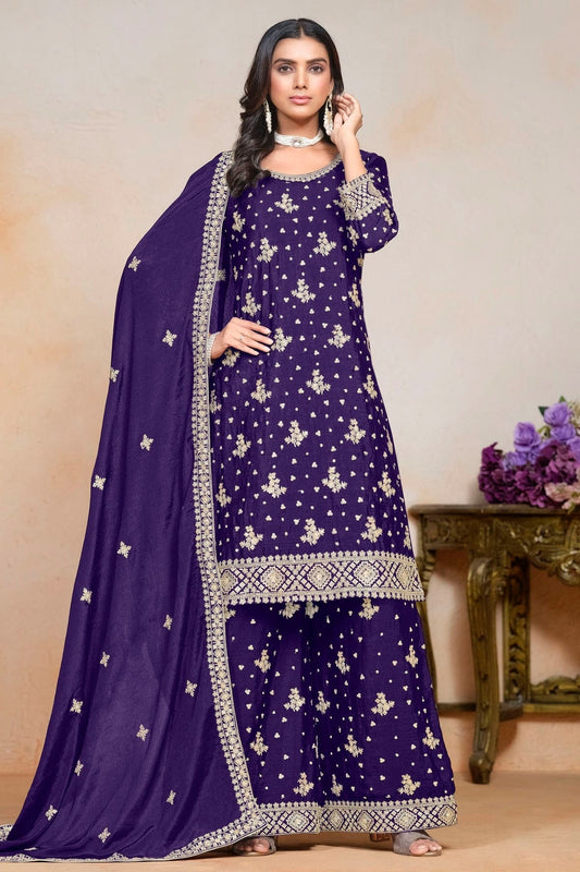 Blue Colour Chinon Semi Stitched Palazzo Pant Suit SM1050630