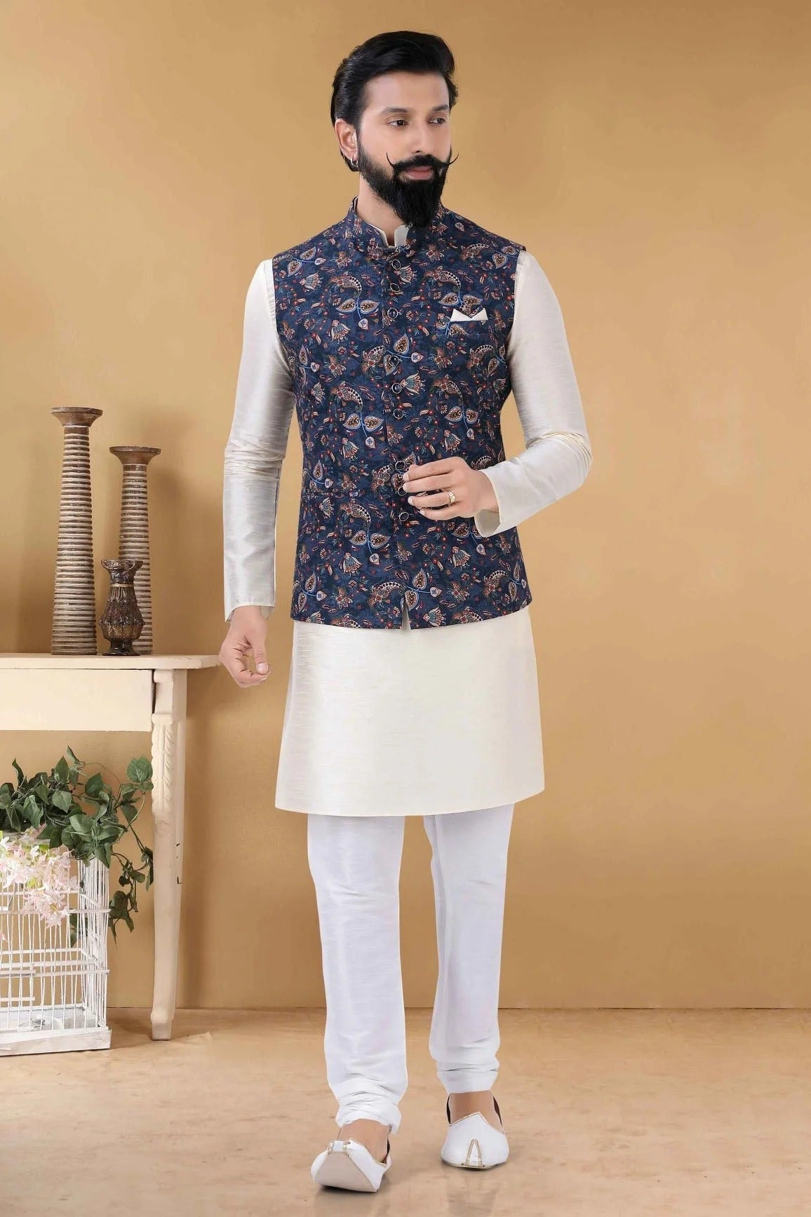 Blue Colour Cotton Kurta Pajama With Jacket KP1130089