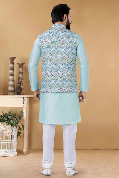 Blue Colour Cotton Kurta Pajama With Jacket KP1130095 A