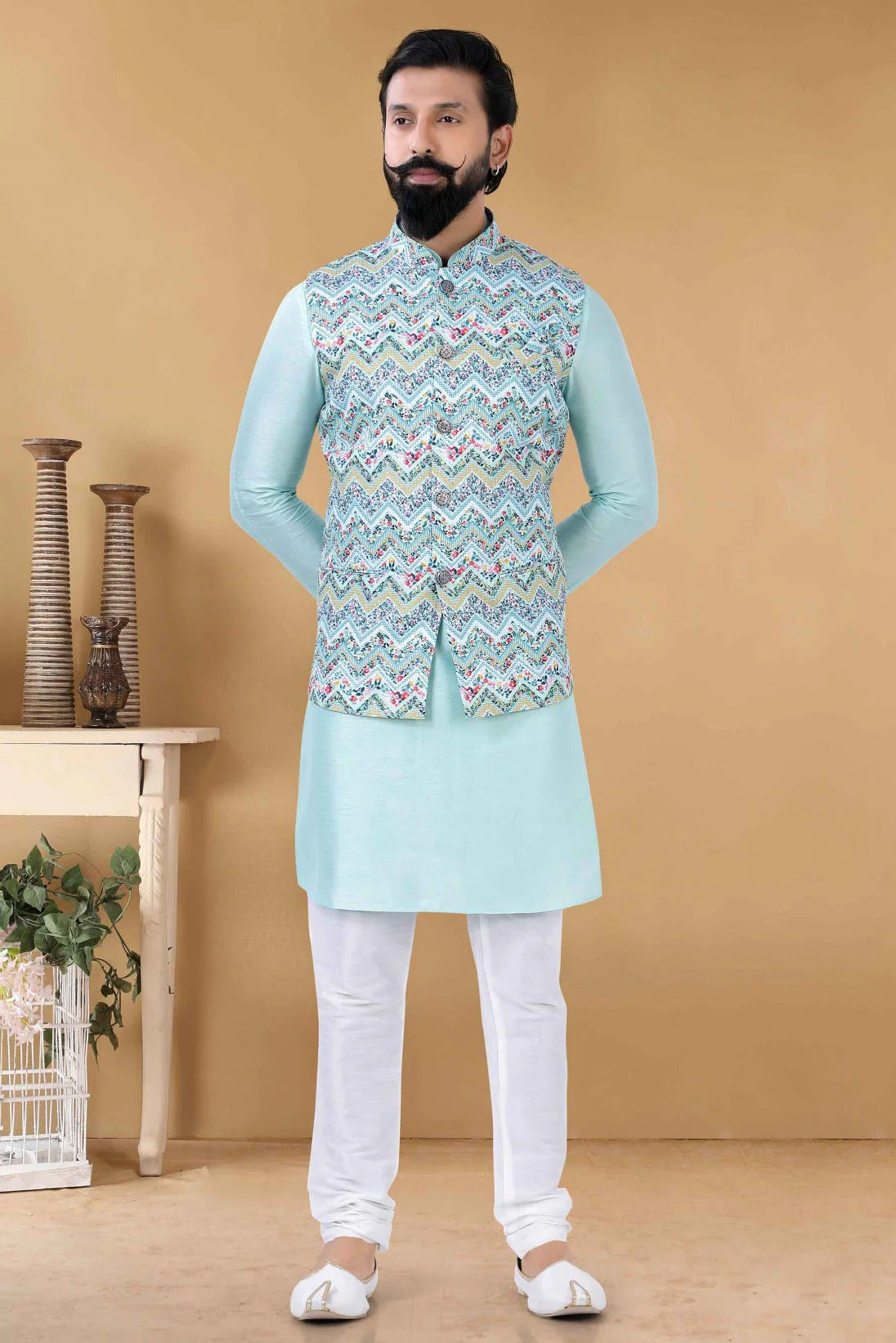 Blue Colour Cotton Kurta Pajama With Jacket KP1130095