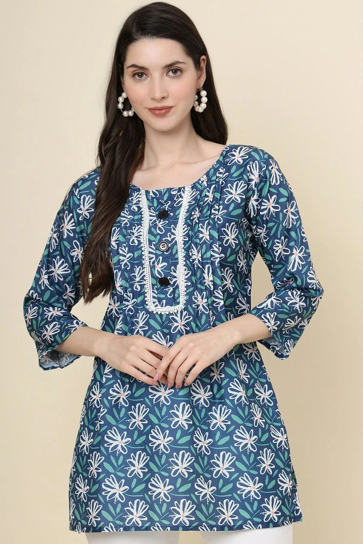 Blue Colour Cotton Printed Work Readymade Top TP1110784