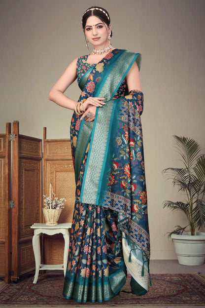 Blue Colour Cotton Silk Printed Saree