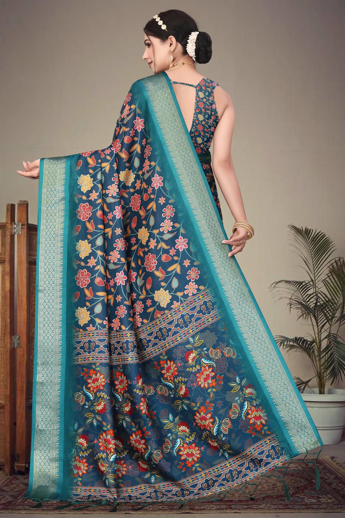 Blue Colour Cotton Silk Printed Saree