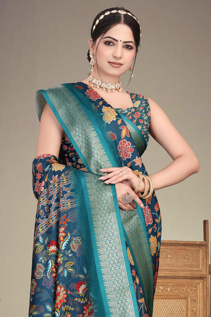 Blue Colour Cotton Silk Printed Saree