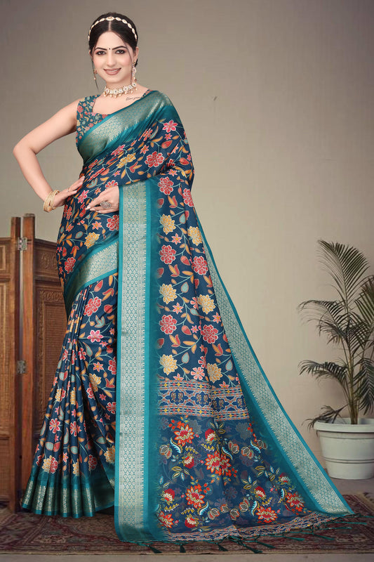 Blue Colour Cotton Silk Printed Saree