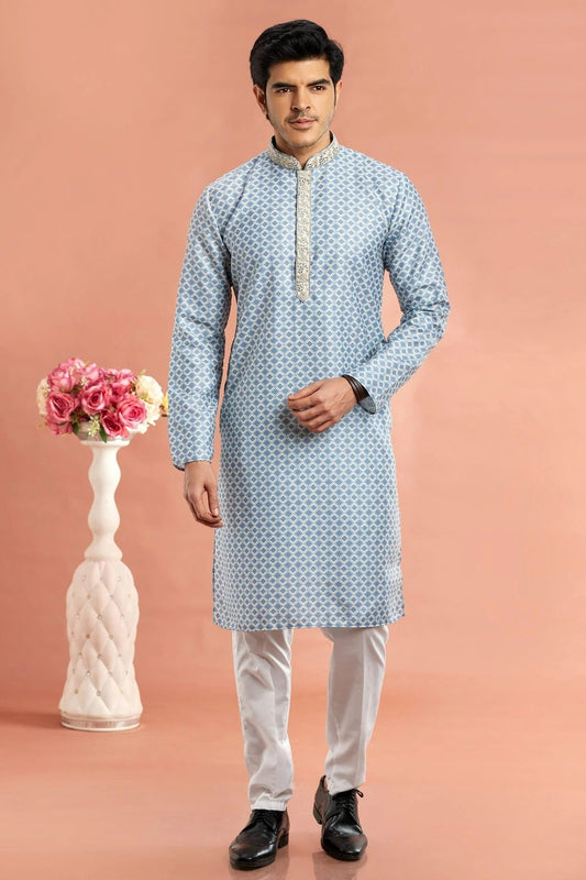 Blue Colour Cotton Thread Work Kurta Pajama KP1230172