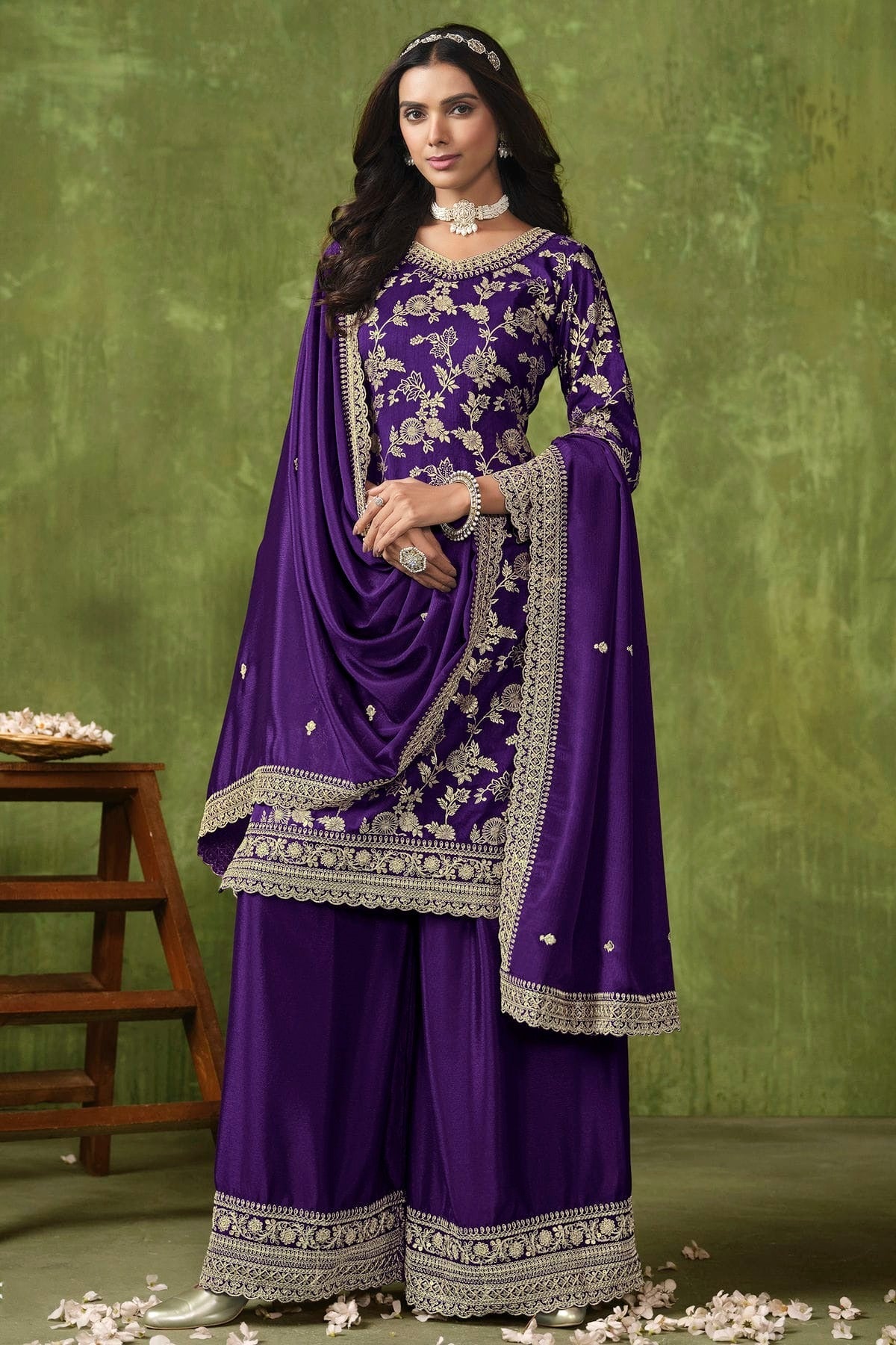 Blue Colour Dola Silk Jacquard Palazzo Pant Suit SM1050577