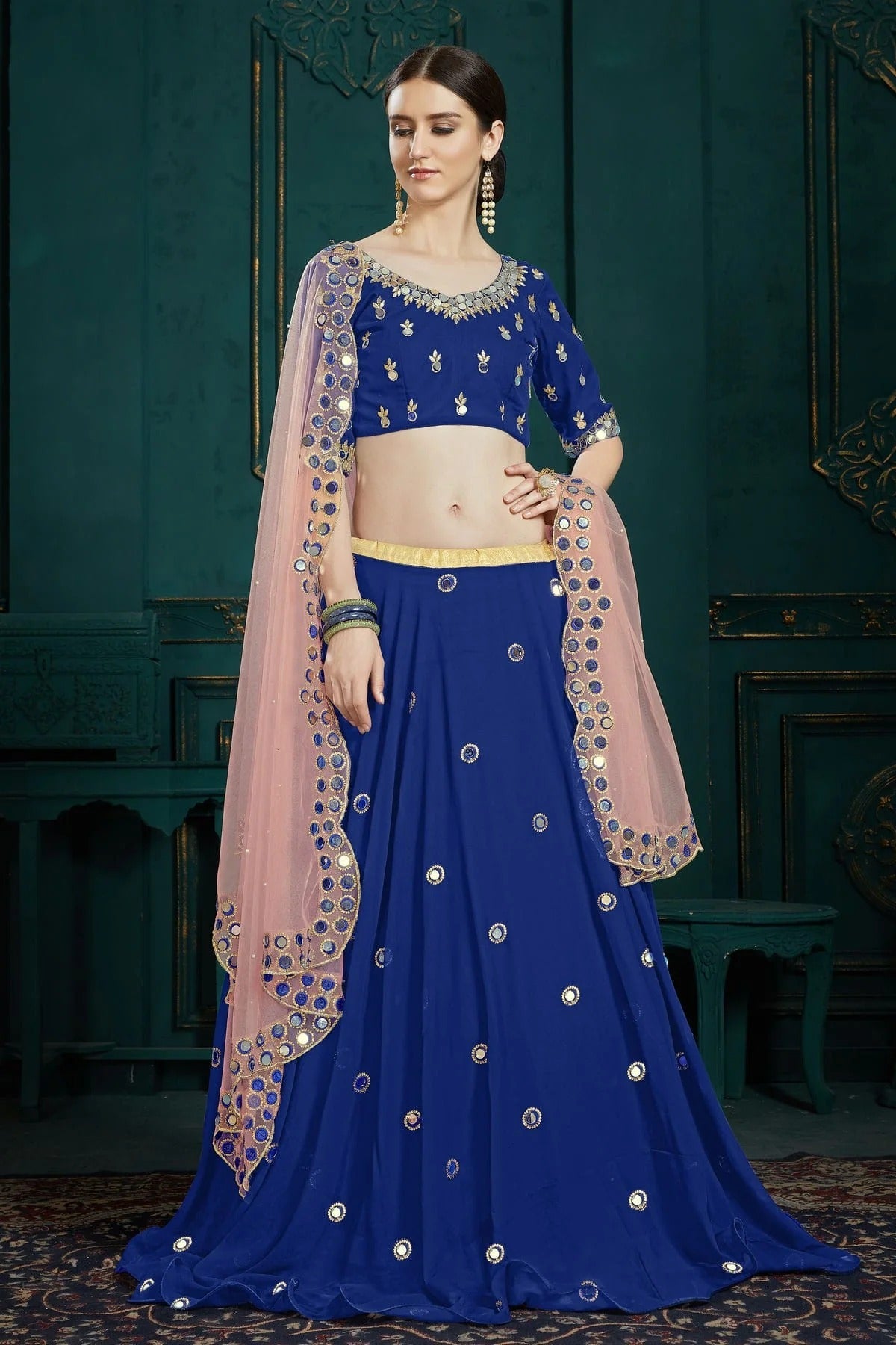 Blue Colour Embroidery Georgette Lehenga Choli LD1080687