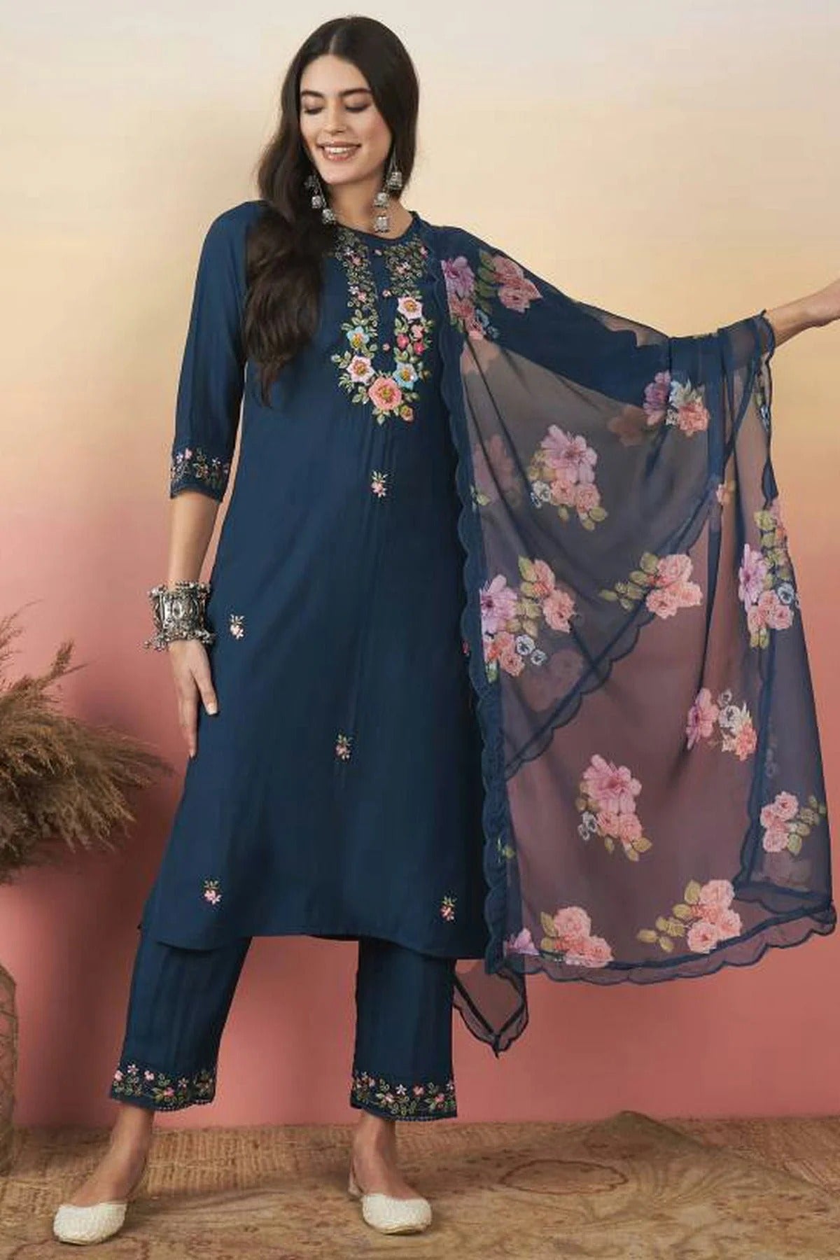 Blue Colour Embroidery Viscose Chanderi Stitched Suit SS1112472