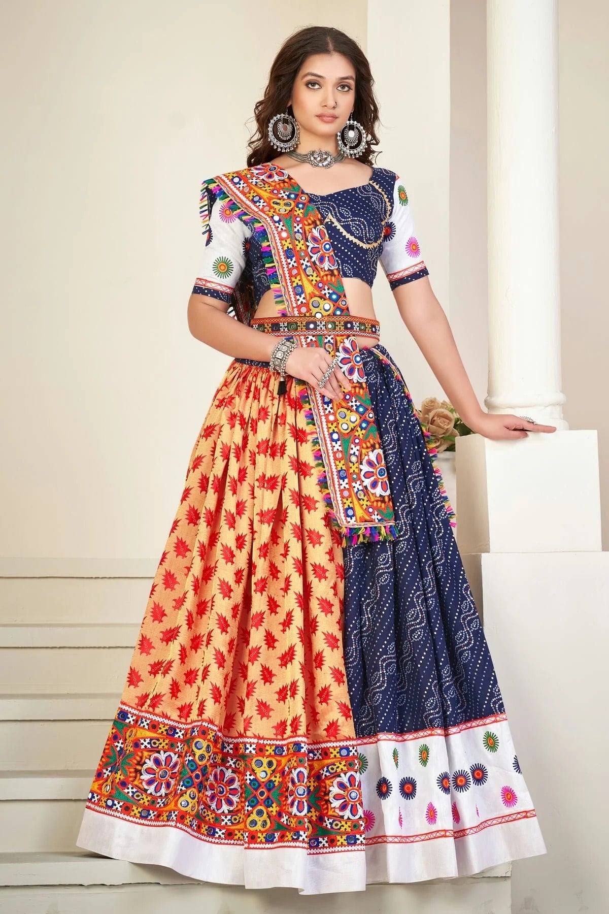 Blue Colour Embroidery Work Cotton Silk Navratri Lehenga LD1170011
