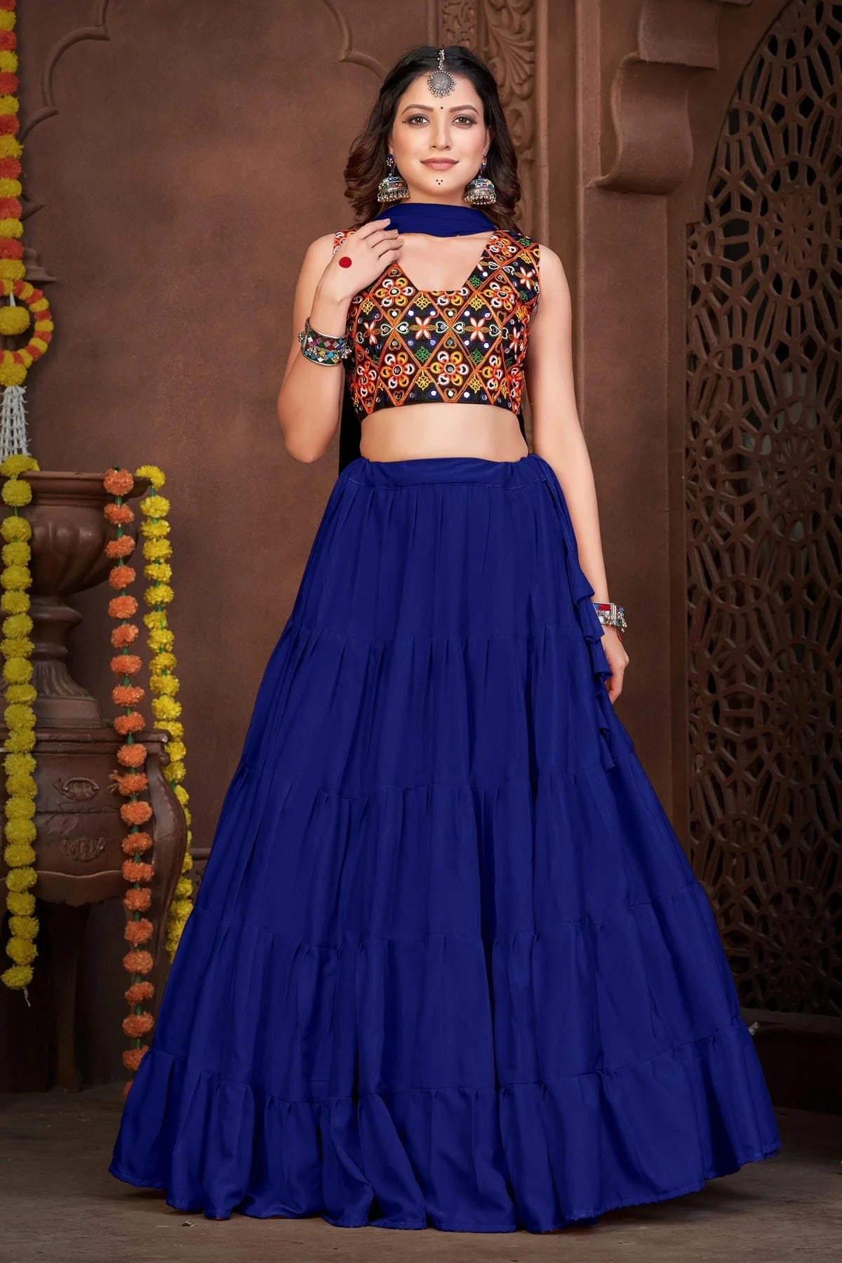 Blue Colour Embroidery Work French Crepe Navratri Lehenga LD1170005