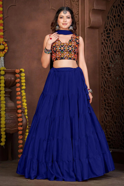 Blue Colour Embroidery Work French Crepe Navratri Lehenga LD1170005