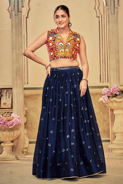 Blue Colour Embroidery Work Rangoli Silk Navratri Lehenga LD1170020