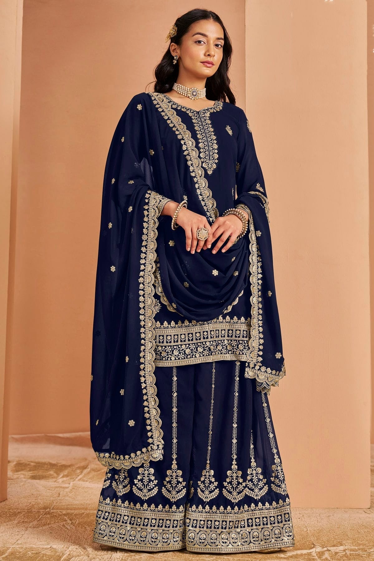 Blue Colour Faux Georgette Palazzo Pant Suit SM1050679 A