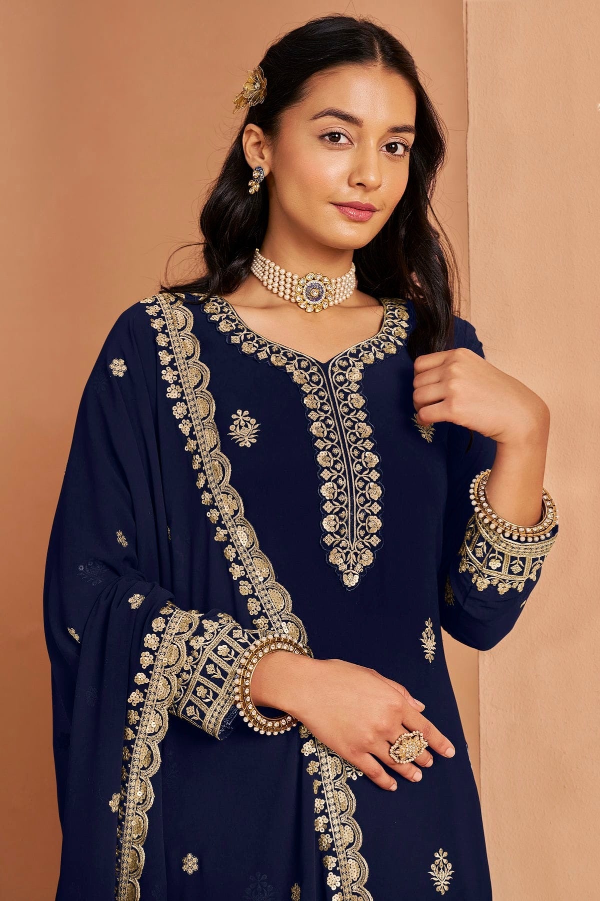 Blue Colour Faux Georgette Palazzo Pant Suit SM1050679 B