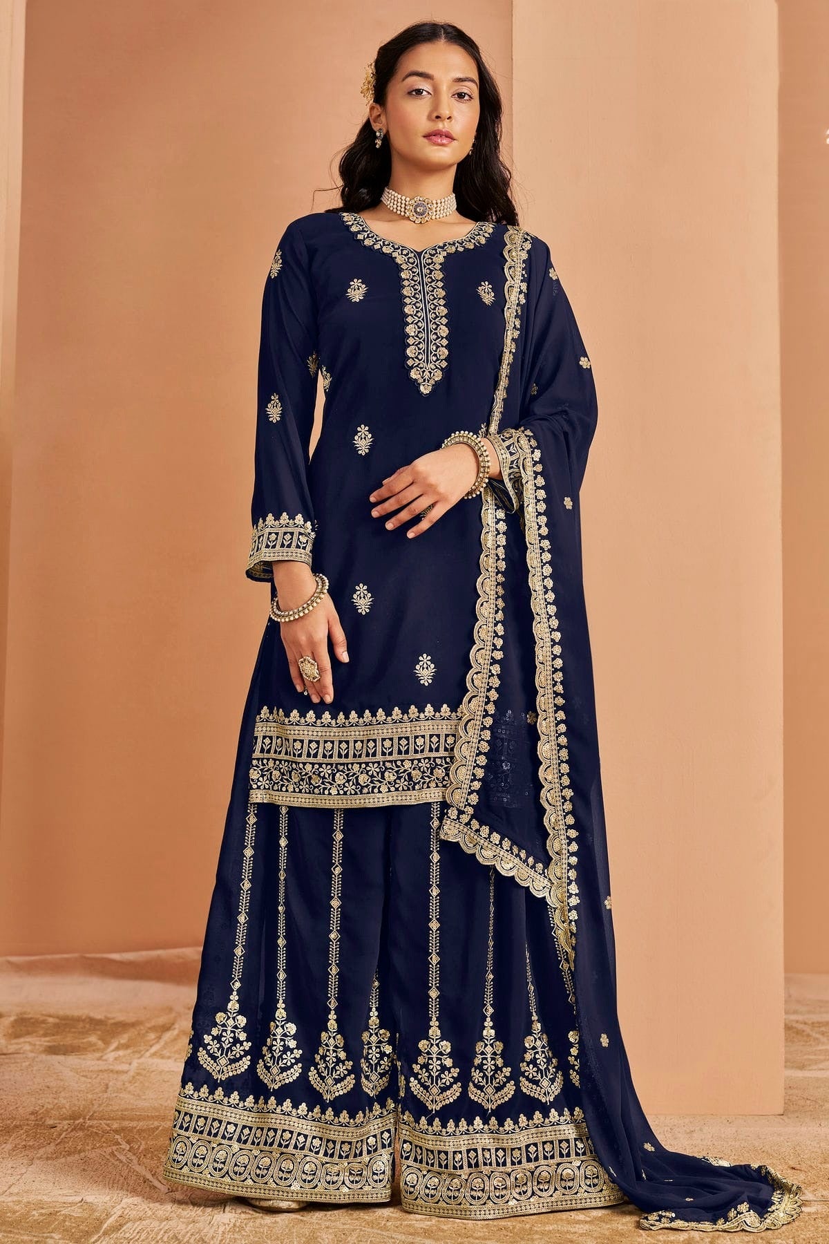 Blue Colour Faux Georgette Palazzo Pant Suit SM1050679
