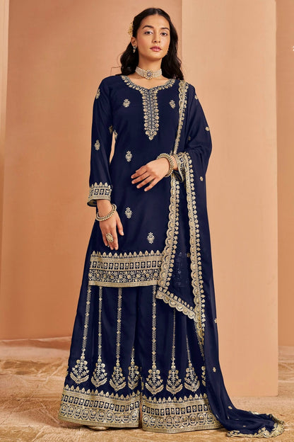 Blue Colour Faux Georgette Palazzo Pant Suit SM1050679