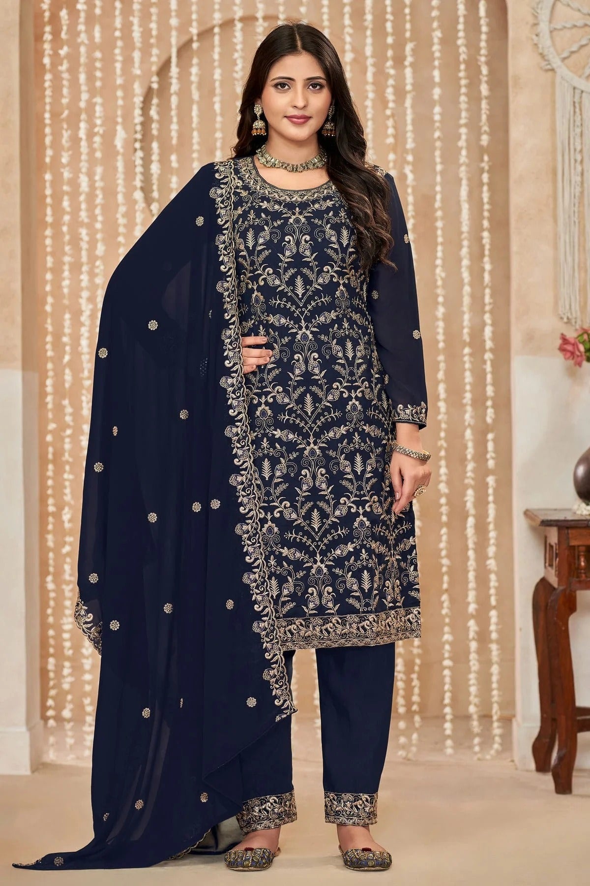Blue Colour Faux Georgette Pant Style Suit SM1050590