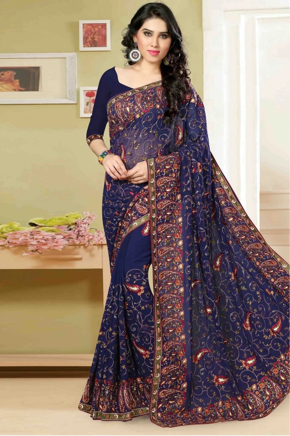 Blue Colour Georgette Embroidery Saree SD1120005