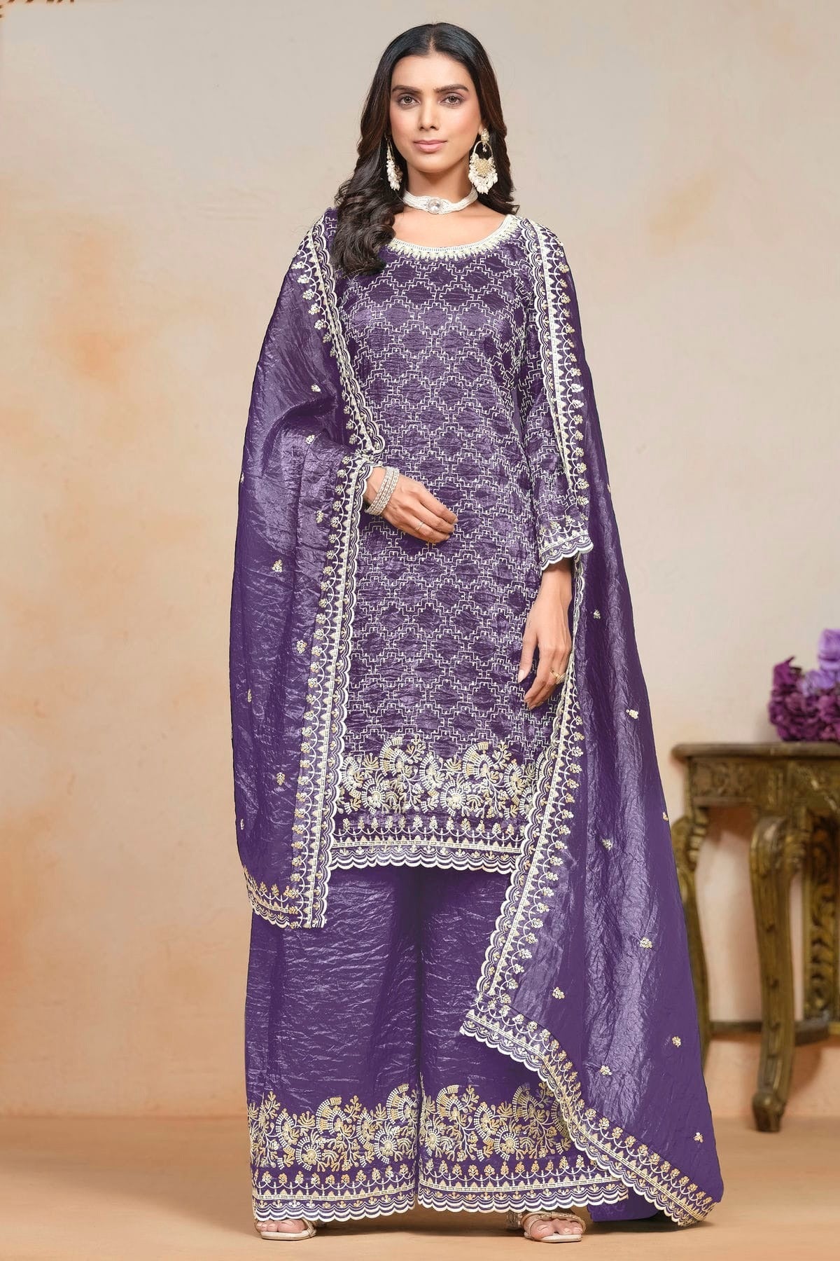 Blue Colour Gold Crush Semi Stitched Palazzo Pant Suit SM1050614 A
