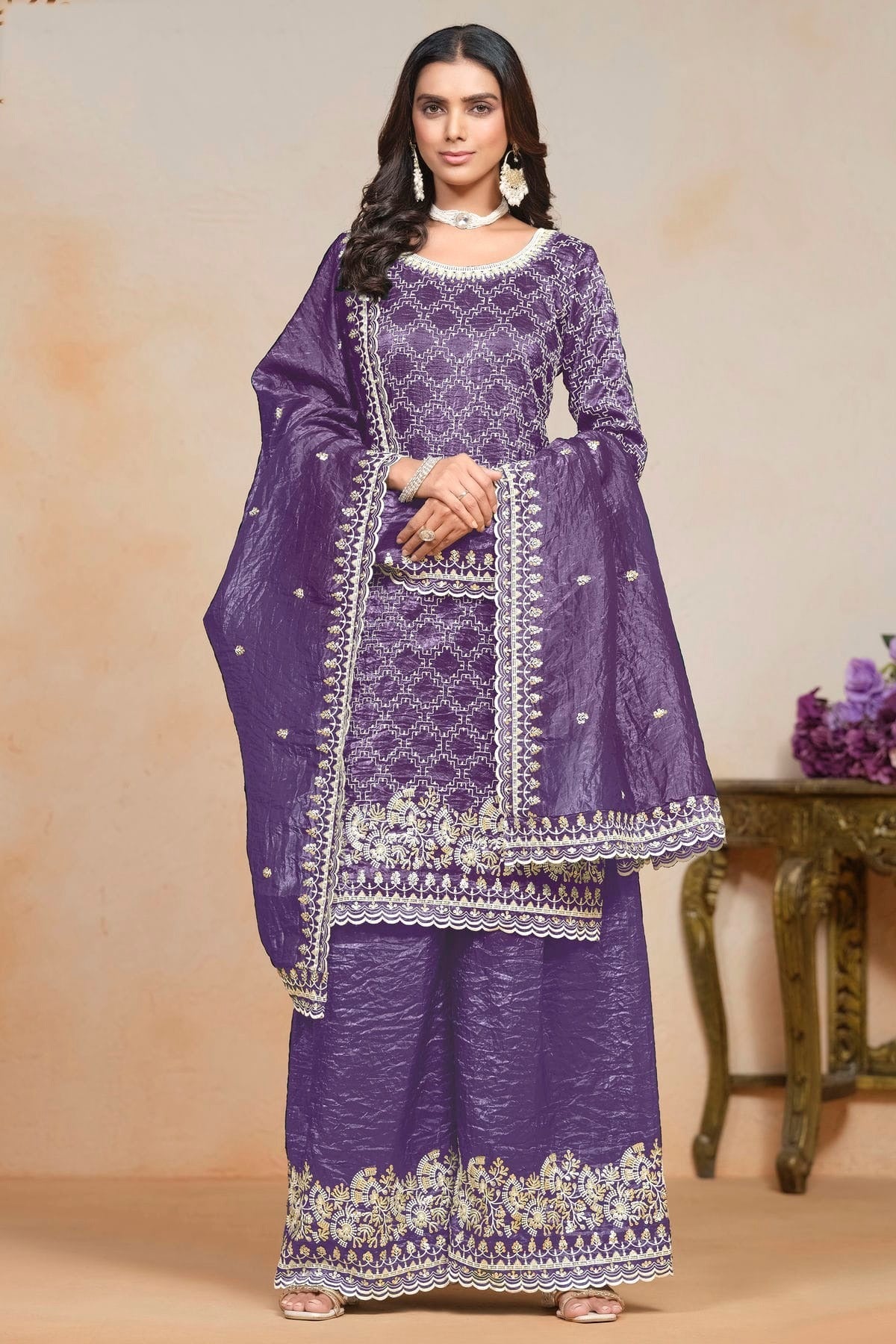 Blue Colour Gold Crush Semi Stitched Palazzo Pant Suit SM1050614