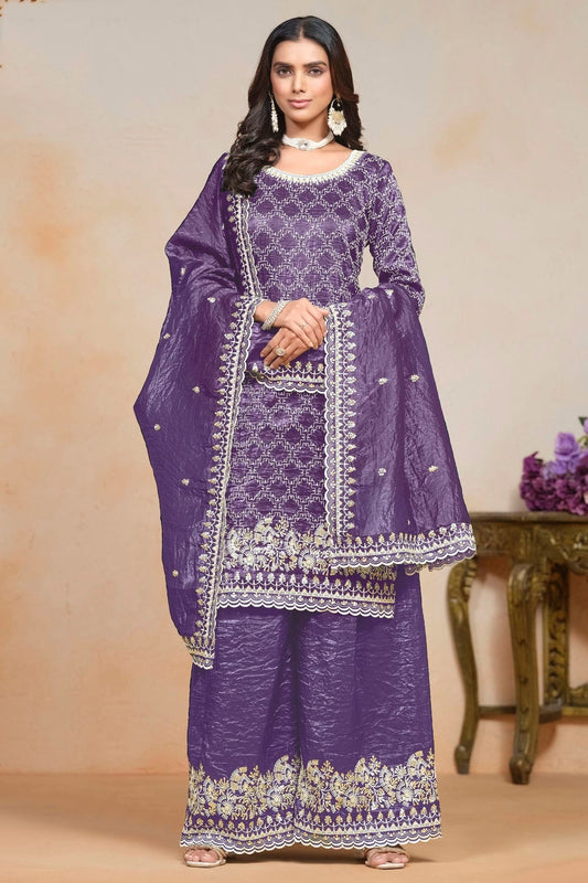 Blue Colour Gold Crush Semi Stitched Palazzo Pant Suit SM1050614