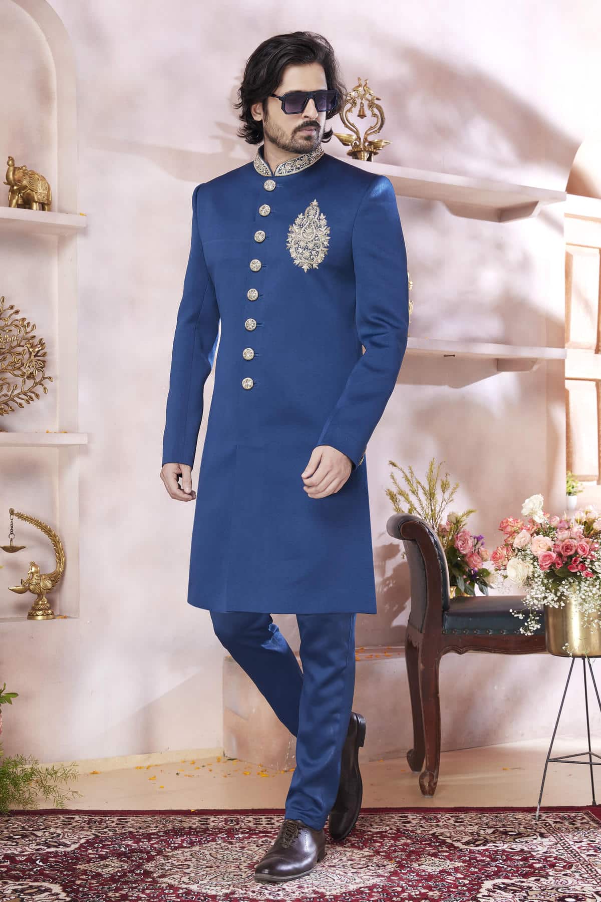 Blue Colour Imported Embroidery Work Sherwani