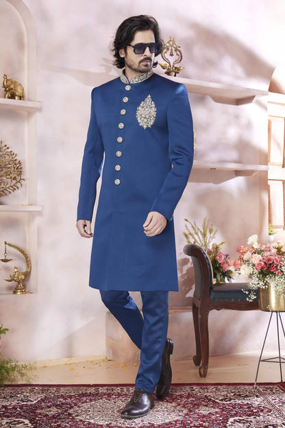Blue Colour Imported Embroidery Work Sherwani
