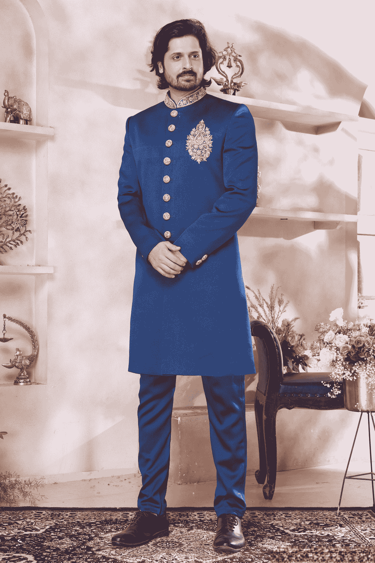 Blue Colour Imported Embroidery Work Sherwani
