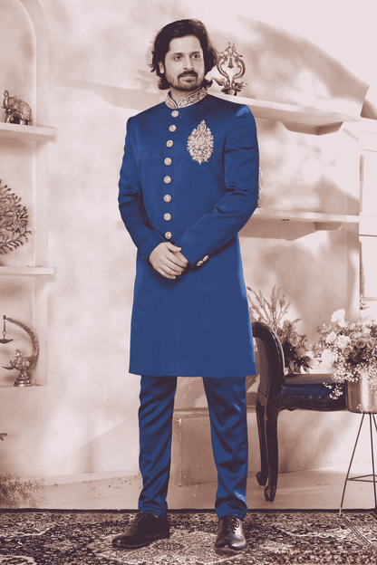 Blue Colour Imported Embroidery Work Sherwani