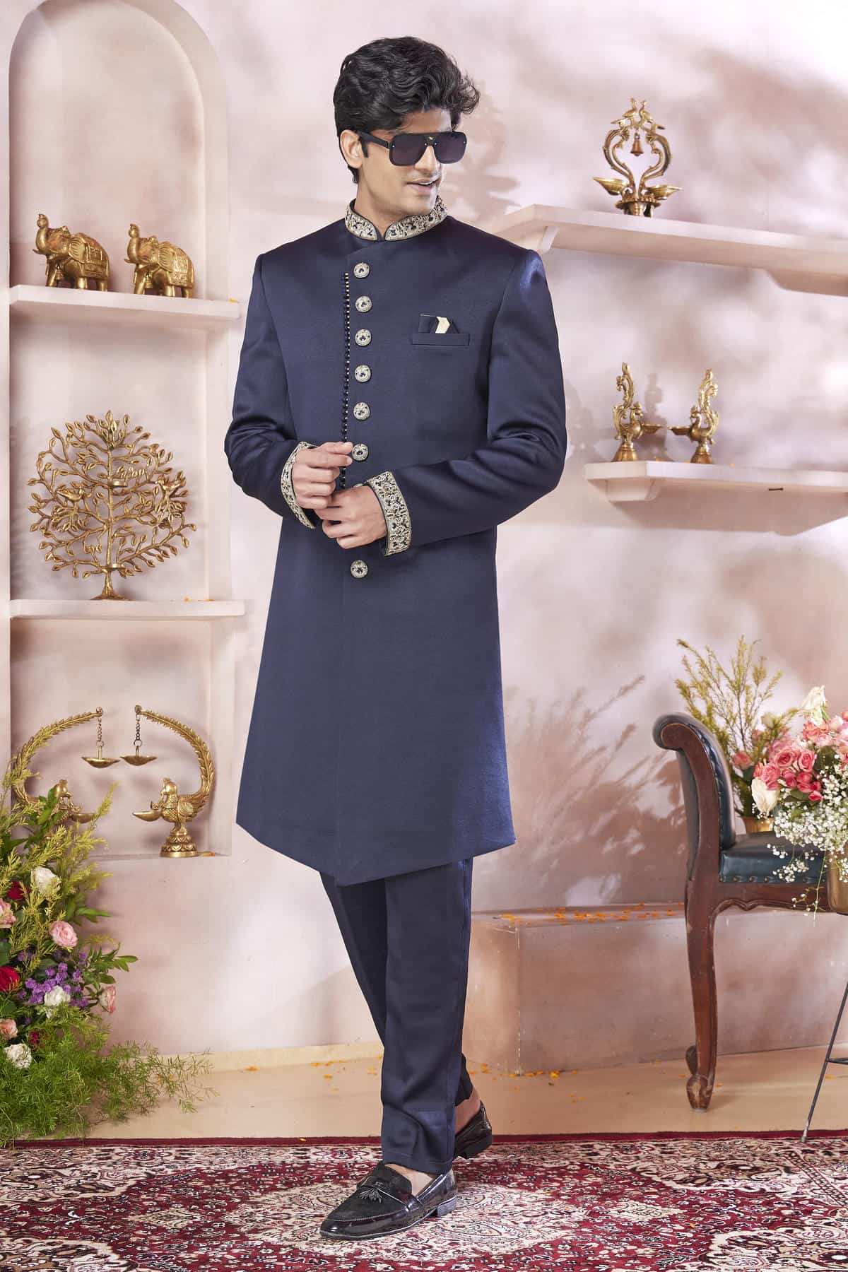 Blue Colour Imported Embroidery Work Sherwani
