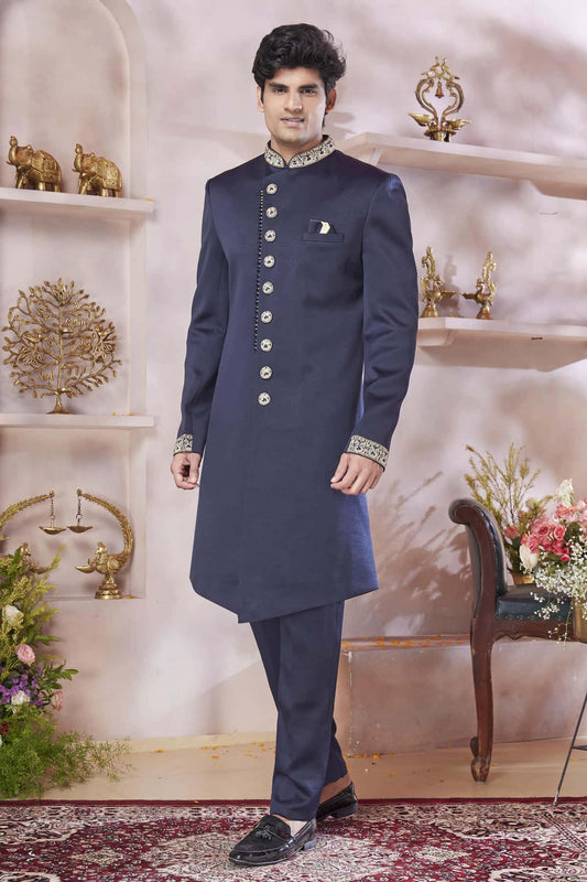 Blue Colour Imported Embroidery Work Sherwani
