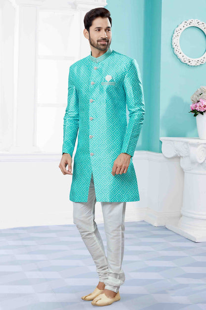 Blue Colour Indo Western In Jacquard Fabric SH1040440