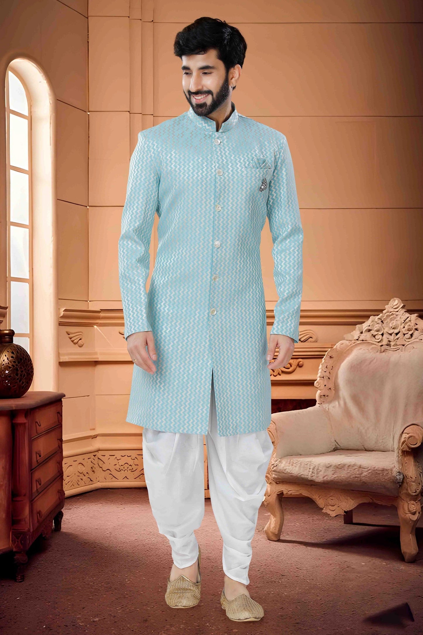 Blue Colour Indo Western In Silk Jacquard  Fabric SH1130131