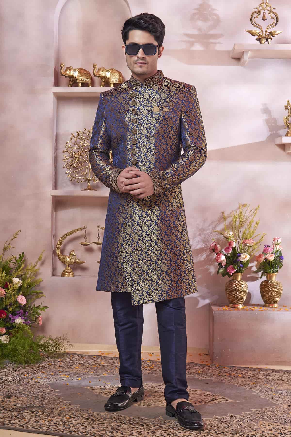 Blue Colour Jacquard Banarasi Silk Embroidery Work Sherwani