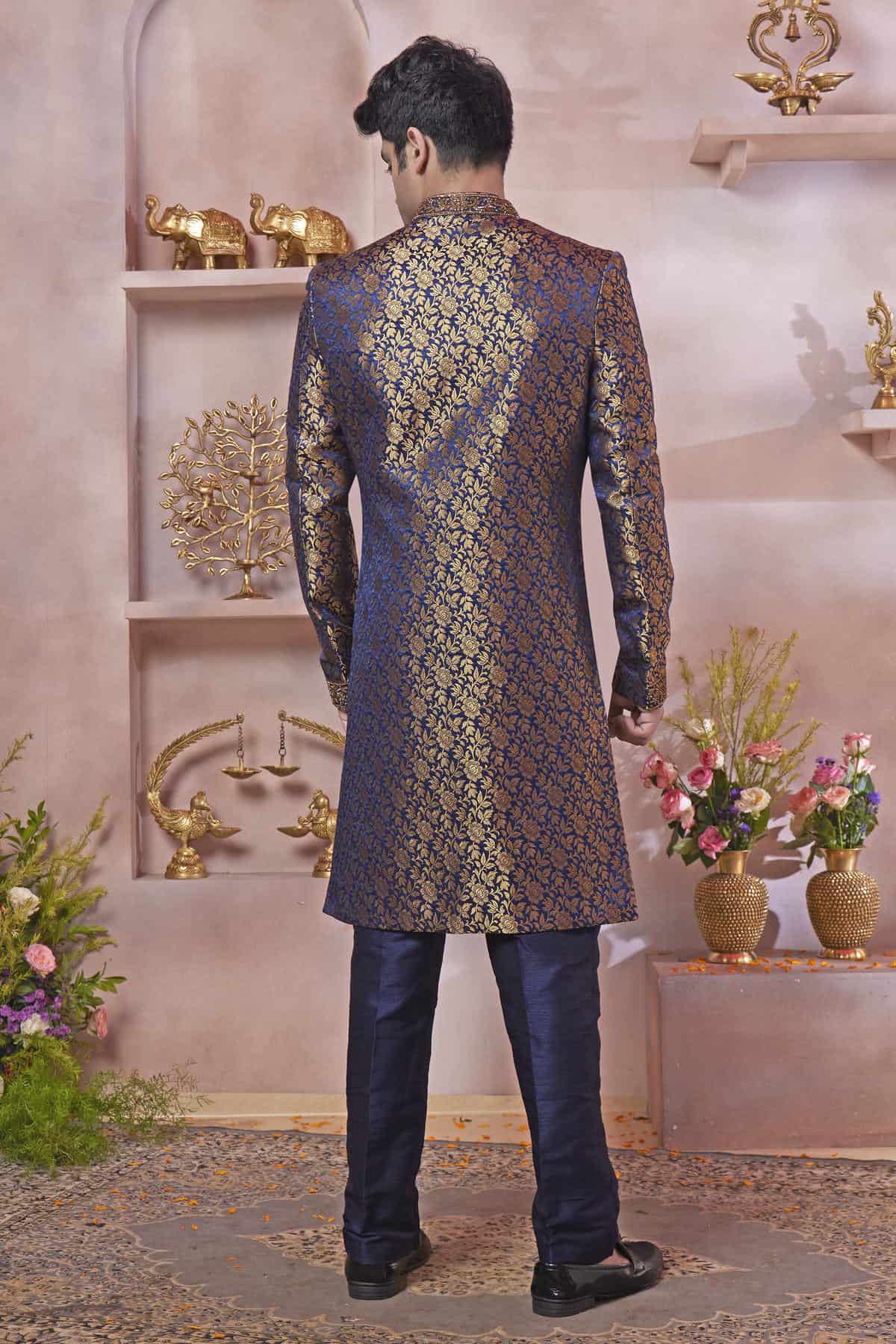 Blue Colour Jacquard Banarasi Silk Embroidery Work Sherwani