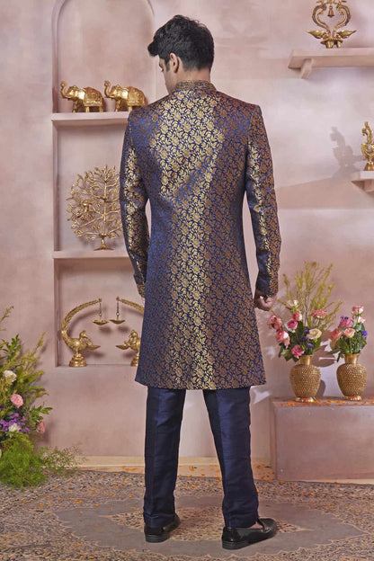 Blue Colour Jacquard Banarasi Silk Embroidery Work Sherwani