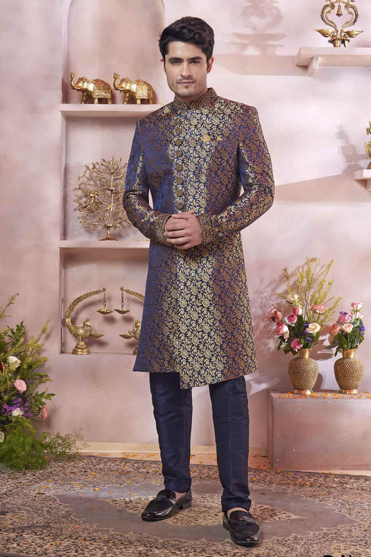 Blue Colour Jacquard Banarasi Silk Embroidery Work Sherwani