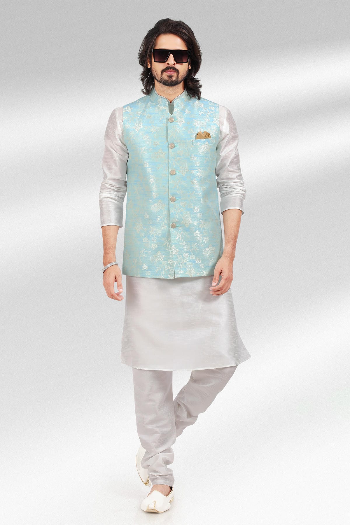Blue Colour Jacquard Banarasi Silk Woven Work Kurta Pajama With Jacket