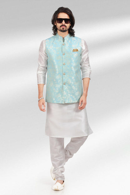 Blue Colour Jacquard Banarasi Silk Woven Work Kurta Pajama With Jacket