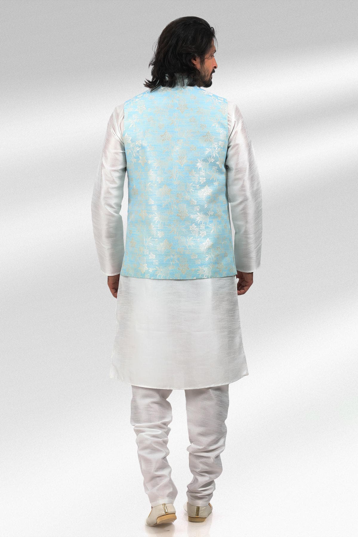 Blue Colour Jacquard Banarasi Silk Woven Work Kurta Pajama With Jacket