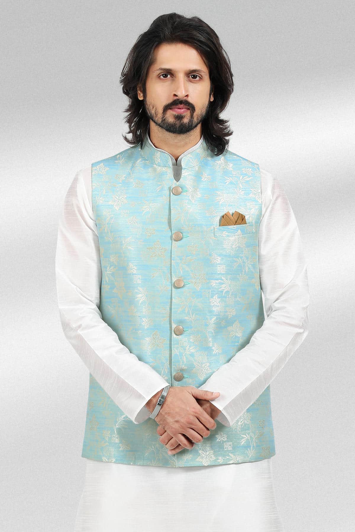 Blue Colour Jacquard Banarasi Silk Woven Work Kurta Pajama With Jacket