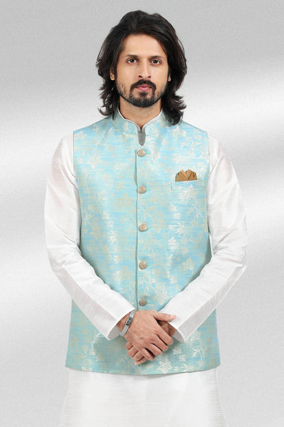 Blue Colour Jacquard Banarasi Silk Woven Work Kurta Pajama With Jacket