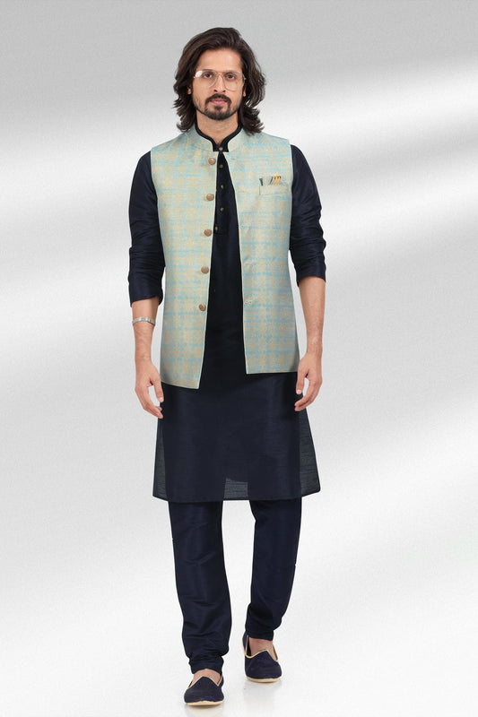 Blue Colour Jacquard Banarasi Silk Woven Work Kurta Pajama With Jacket