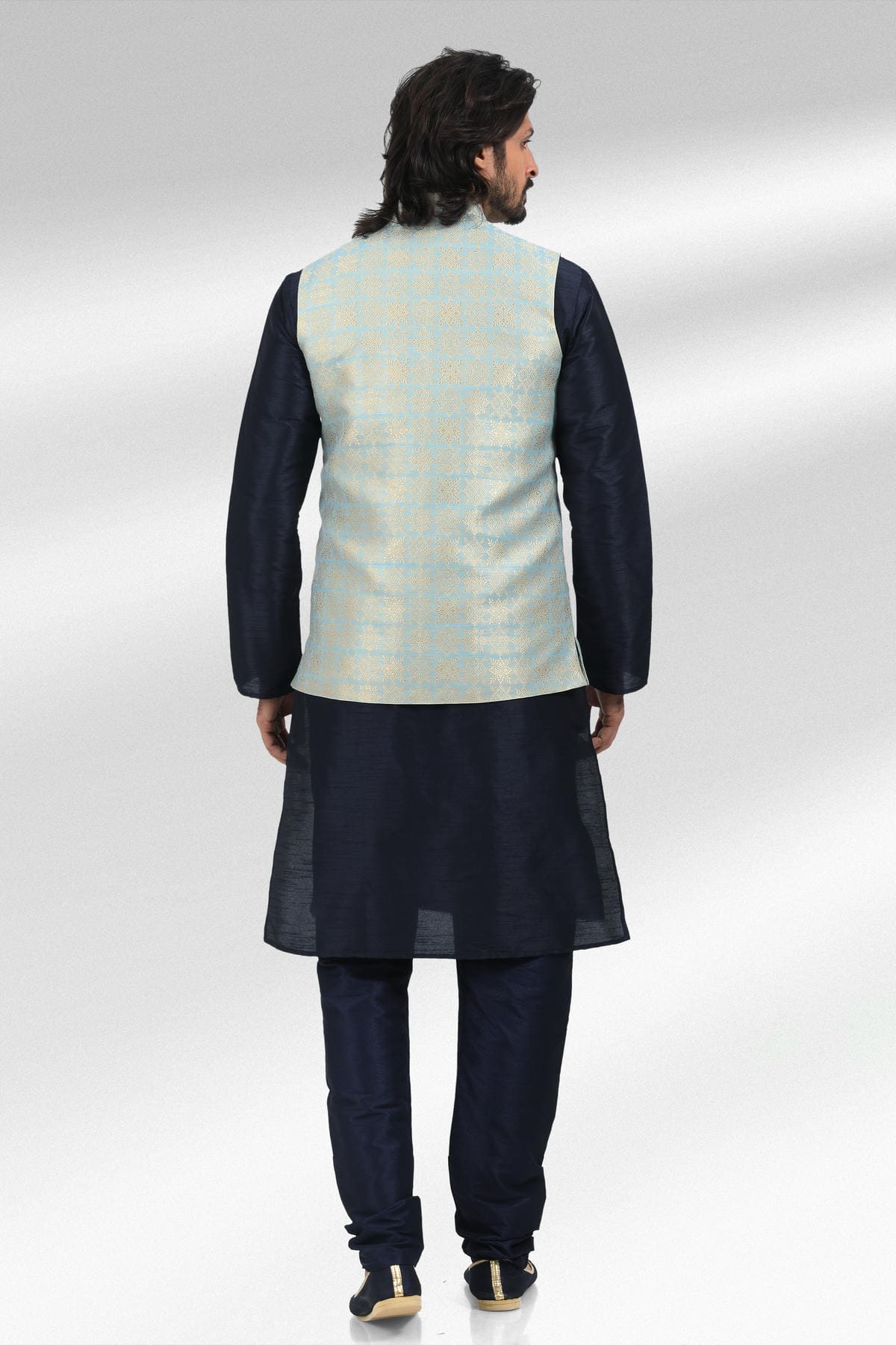 Blue Colour Jacquard Banarasi Silk Woven Work Kurta Pajama With Jacket