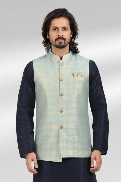 Blue Colour Jacquard Banarasi Silk Woven Work Kurta Pajama With Jacket